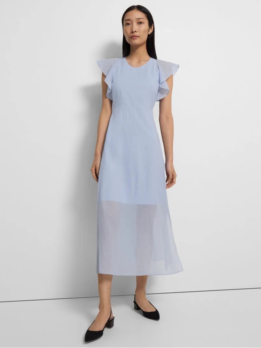 Ruffle Sleeve Dress in Organic Cotton. Light Blue Flutter Sleeve Midi Dress